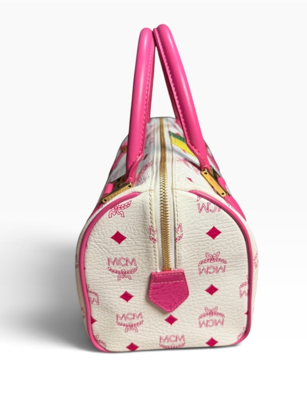 MCM White and Pink Visetos Leather Princess Lion Boston Bag - Picture 4 of 10